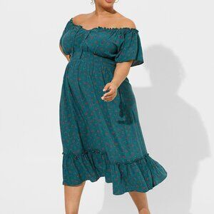 Torrid Green Tea Length Challis Off-Shoulder Dress 2X